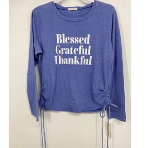 Occasion Blessed Grateful Thankful Blue Long Sleeve Ruched Shirt Top NEW XL
